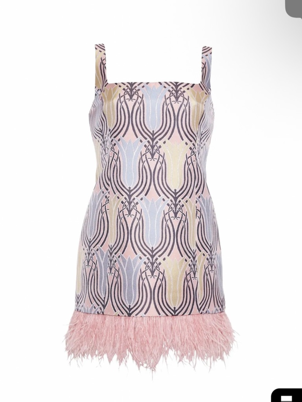 Cara Cara Pastel Multi-Patterned Mini Dress with Pink Feather Hem